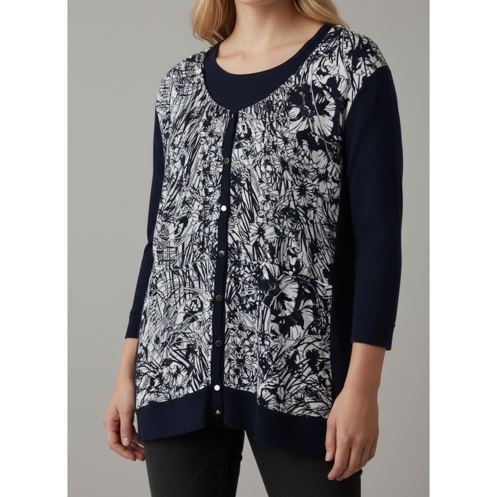 7th Avenue New York & Company Navy Floral Mixed Media Button Cardigan XL